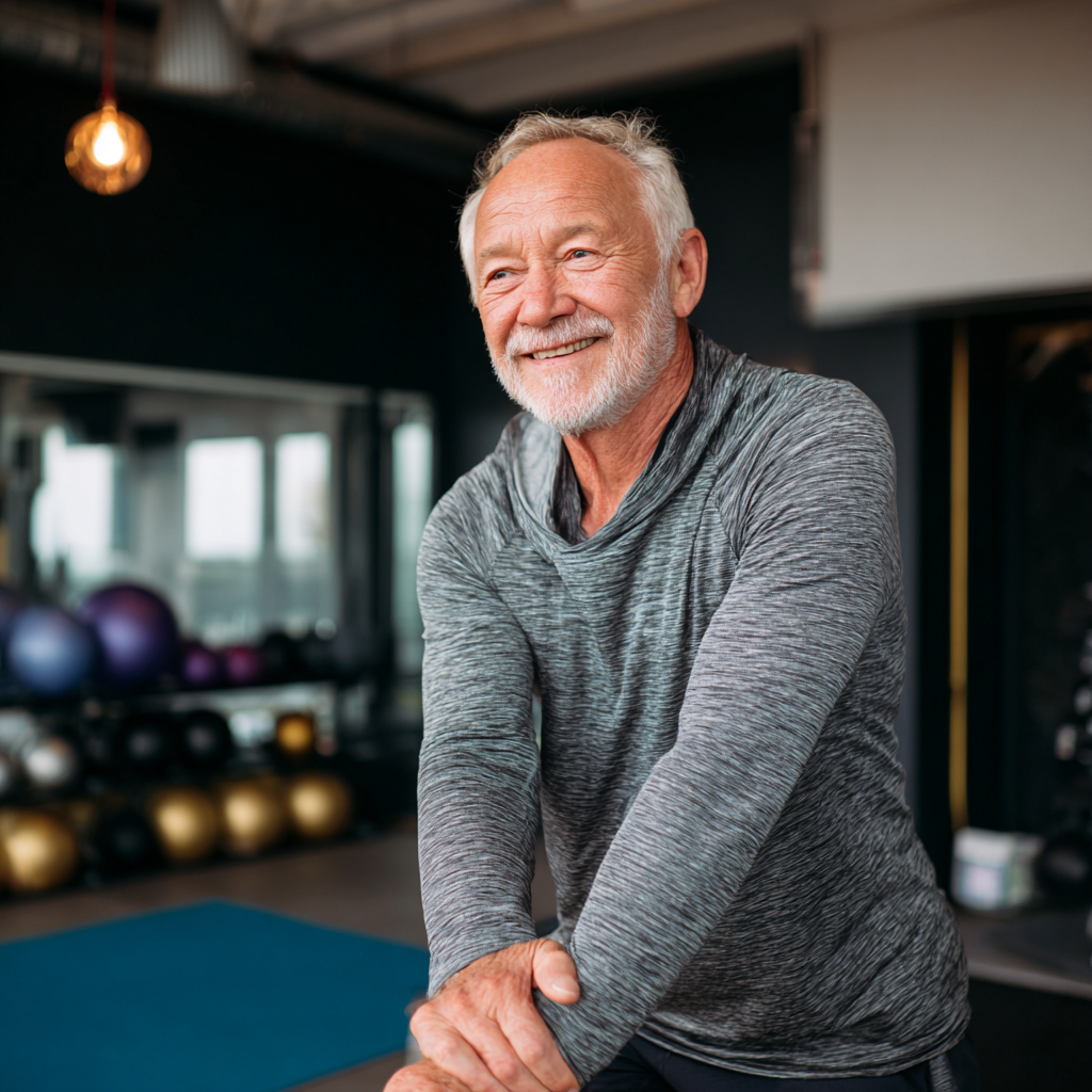 Elderly European woman doing gentle fitness exercises with dumbbells, smiling confidently in a bright gym setting