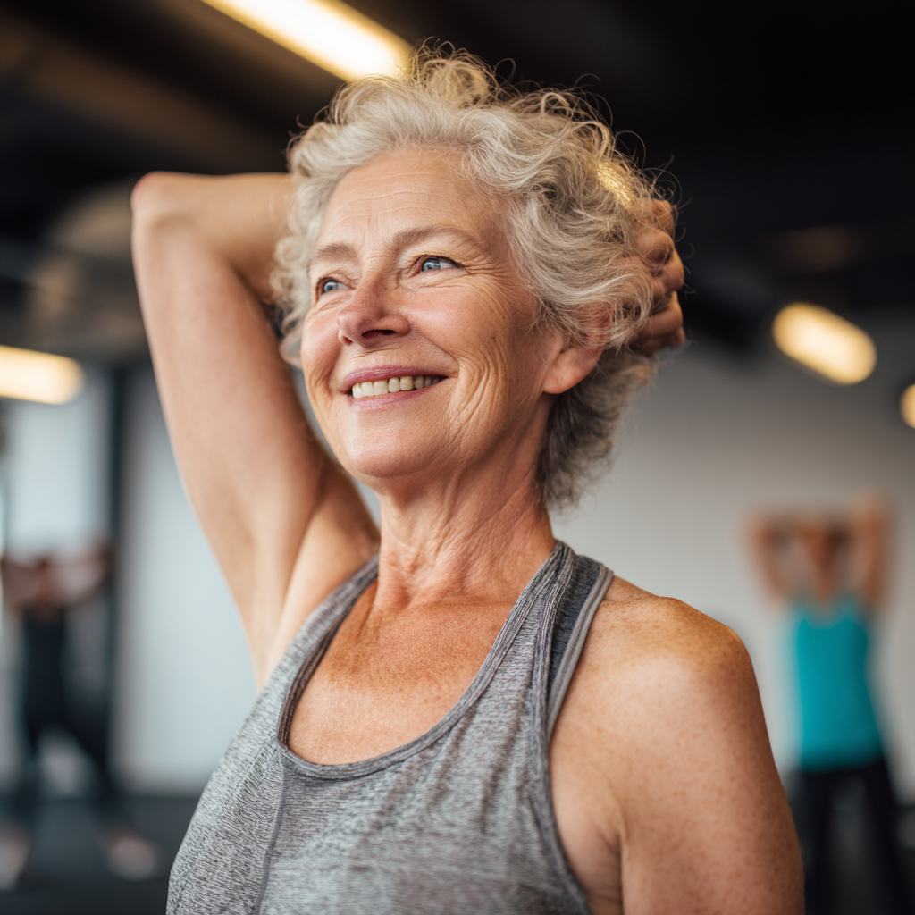 Elderly European man performing balance exercises on a stability ball in a modern fitness studio, looking happy and focused